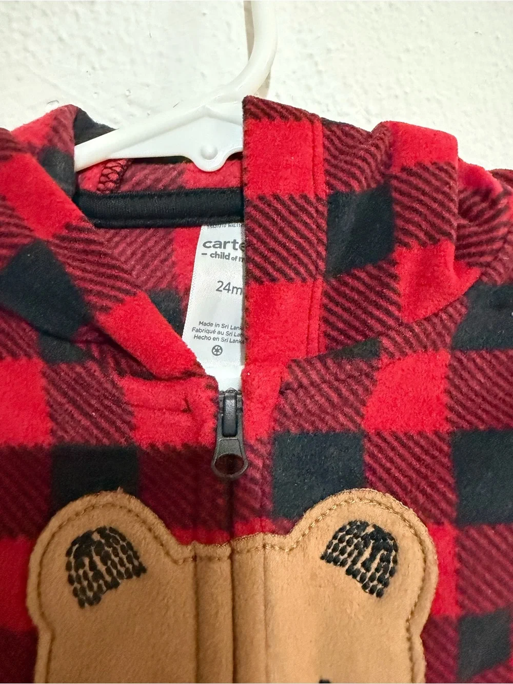 Red & Black Teddy Bear Plaid Hooded Zip-Up fleece